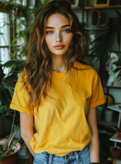 Wall Mural - Portrait of beautiful young woman in yellow T-shirt and jeans