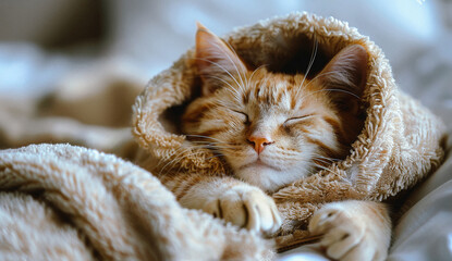 Poster - Cute little ginger kitten sleeps on the bed under blanket. Warm and cozy bed