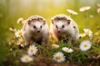 Two cute hedgehogs in a meadow with green grass and white flowers
