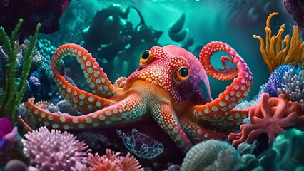 Wall Mural - Octopus swimming in the under sea , Beautiful Underwater and colorfull coral in wild nature of the Pacific Ocean