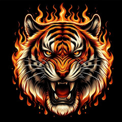 Wall Mural - Tiger head on fire, angry mood by AI generative