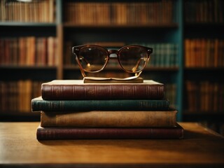 A stack of old books on table against blurred background