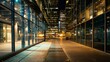 A city street at night with a large glass building in the background