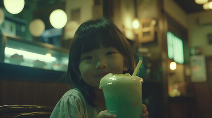 Wall Mural - A young girl is holding a green drink in a plastic cup