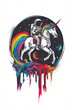 design graphic of a white line art astronaut on a unicorn, simple, vinted style isolated on a white background - rainbow pride flag colors. 