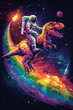 design graphic of a white line art astronaut on a T-Rex, simple, vinted style isolated on a white background - rainbow pride flag colors. 