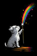 design graphic of a white line art dog playing with a rainbow wand, simple, isolated on a black background - rainbow pride flag colors. 