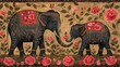 Traditional Madhubani Bharni style painting of an elephant mom and her son, adorned with pink and red carnations, Mother's Day concept, love and bond