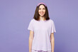Young smiling happy cheerful calm woman wear pyjamas jam sleep eye mask rest relax at home looking camera isolated on plain pastel light purple background studio portrait. Good mood night nap concept.