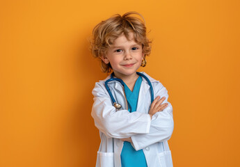 Poster - Cute child dressed as a doctor posing with arms crossed over a yellow background. Children playing and having fun in nurse costumes, smiling at the camera