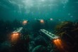 Beneath the oceans surface, a network of underwater drones monitors and maintains a kelp farm, ensuring optimal growth conditions and harvesting seaweed for biofuel