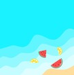 summer beach background , with food illustration on blue waves background 