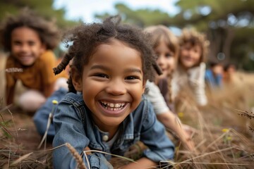 diverse group of happy children playing together in park lifestyle photo