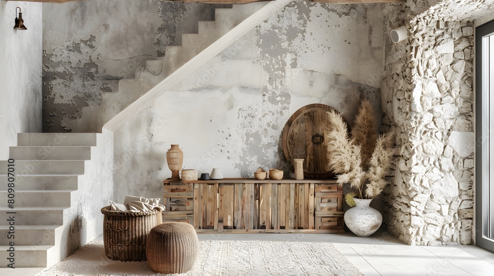 Boho interior design of modern entrance hall with wooden staircase and ...
