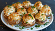 Latvian stuffed mushrooms with breadcrumbs and herbs on a white plate, a delicious traditional dish ready to be enjoyed