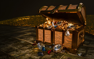 ancient treasures made of gold Packed in a retro treasure chest. Pirate treasure made of wood. Gold Medal and Golden Jug. 3d rendering