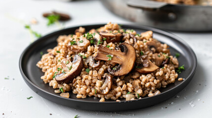 traditional latvian barley pilaf with savory mushrooms and fresh herbs, served on a black plate to s