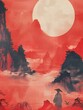 A figure wanders through a mystical landscape of foggy mountains bathed in a red hue with an immense moon in the background