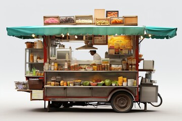 A food truck with a green canopy and a man behind the counter. The truck is filled with a variety of fruits and vegetables, including apples, oranges, and bananas. The scene is bright and cheerful