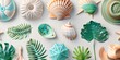 This neatly arranged set of shells, palm leaves, and beach items represents a tropical paradise
