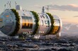 This 3D illustration depicts a modern capsule house with vegetation, set on a rocky alien landscape with mountains in the background