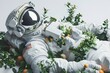 A surreal juxtaposition that places an astronaut in a bed of lush oranges and leaves, symbolizing nature's connection to space discoveries