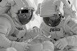An intense monochromatic image illustrating astronauts experimenting with space-grown food, suggesting innovation and teamwork