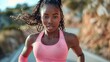 © PandaStockArt - a young African American woman running on a road. AI generate illustration