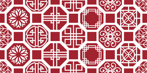 Fototapete - Chinese and Japanese Asian pattern. Red and seamless tiles pattern.