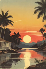 Sunset near the river vector illustration.