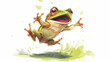 A happy-go-lucky frog leaping through the air with a wide smile on its face, chibi illustration, cute animals