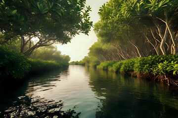 Poster - sunset over the river with mangrove forest