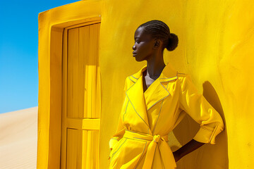 Wall Mural - A woman in a yellow coat stands in front of a yellow wall