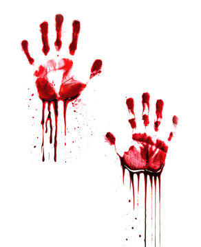Dripping red blood handprint. Isolated transparent background PNG. Horror, crime concept. Bloody human hand mark with spatters of blood. Crime scene. Zombie. Deep glossy realistic blood set 05.