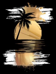 Wall Mural - A tall palm tree stands in the foreground, its silhouette stark against the golden and black painting of a sunset in the background