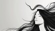 Elegant Minimal Woman Portrait, Silky Flowing Hair in Minimalist Illustration Style