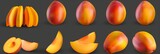 Fototapeta Lawenda - Mango Mangoes fruit, many angles and view side top front sliced halved group cut isolated on transparent background cutout, PNG file. Mockup template for artwork graphic design 