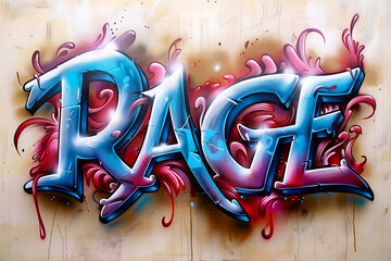 Rage word graffiti style letters with chrome effect. Spray painted tag, street art design. Wallpaper and background resource.