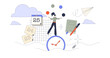 Essence of time management and work productivity tiny person neubrutalism concept, transparent background. Effective and productive task organization.