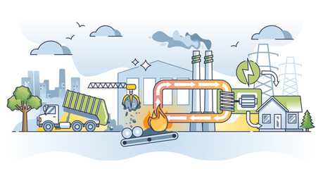 Waste to energy and garbage burning for electricity and heat outline diagram, transparent background. Educational scheme with trash recycling and rubbish facility illustration.