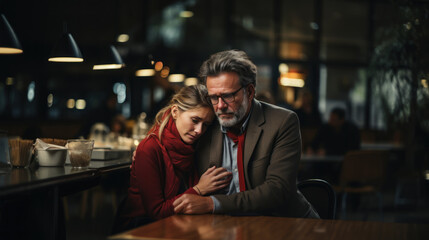 Senior Man Comforting Upset Young Woman in a Dimly Lit Cafe