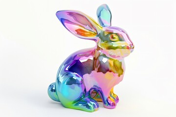 3D rainbow-colored bunny, metallic texture, white background