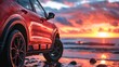 car luxury SUV parked  on the beach with beautiful vibrant red sunset sky, summer road trip travel vacation concept