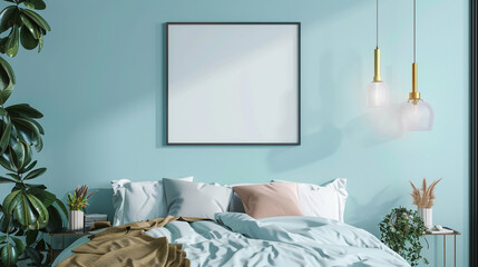 Wall Mural - Spacious bedroom with a blank frame on a light blue wall, ready for artwork.