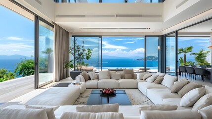 Luxury villa with terrace and floor to ceiling panoramic window with amazing sea view. Interior design of modern living room