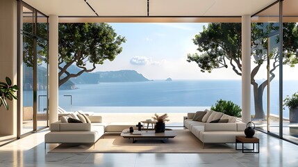 Wall Mural - Luxury villa with terrace and floor to ceiling panoramic window with amazing sea view. Interior design of modern living room