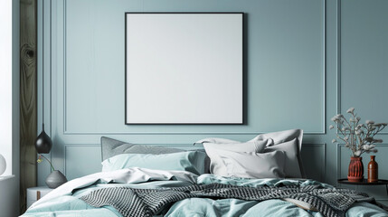Wall Mural - Stylish bedroom with a large blank frame hanging on a light blue wall, chic and modern.