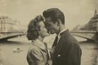 monochromatic vintage portrait of young couple kissing in 1950s paris romantic nostalgia aigenerated art
