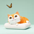 Smilling cat lying on pillow and observing butterfly. 3d cartoon character
