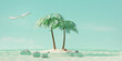 Summer tropical island with coconut palms in ocean and airplane in sky. Summer travel concept. 3d render
